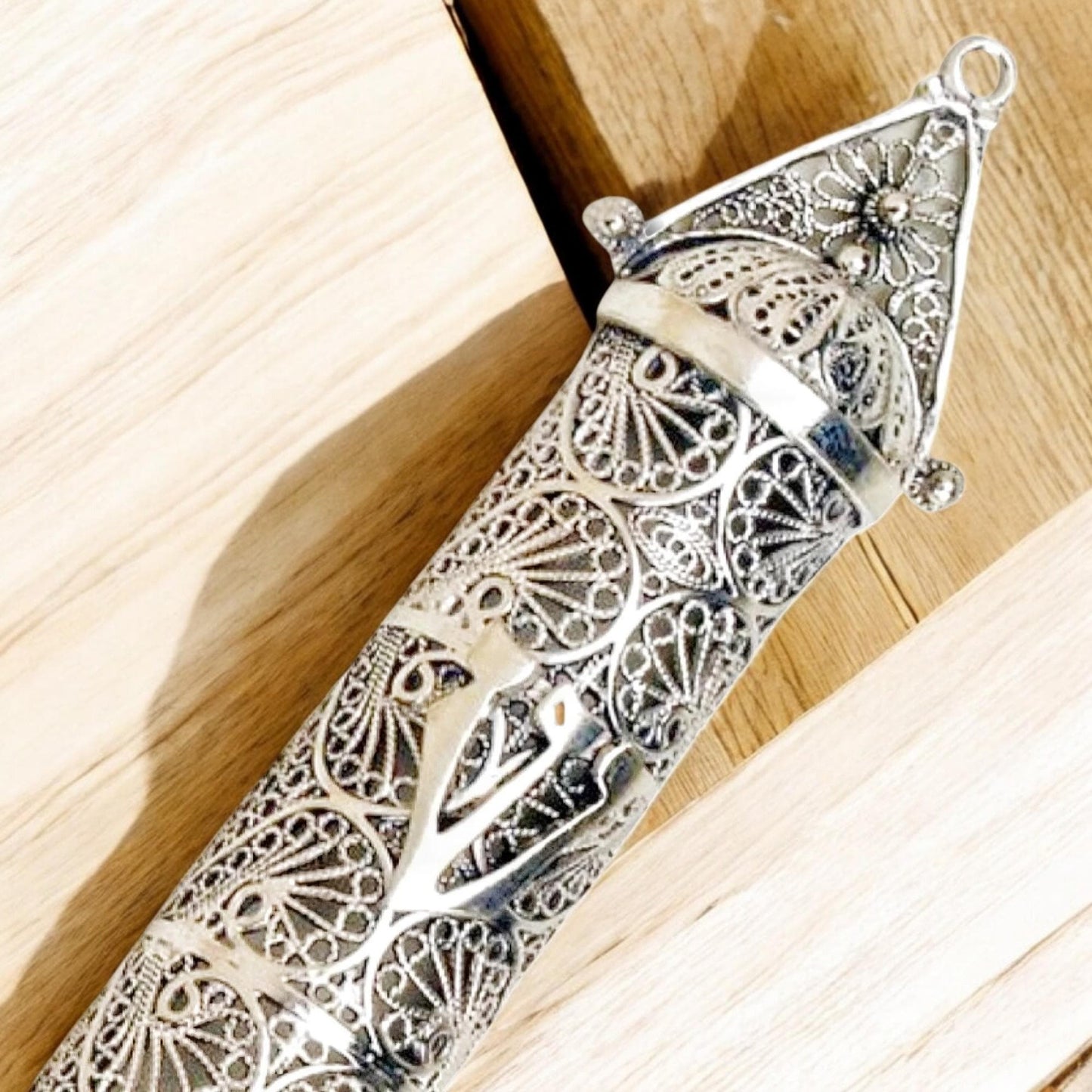 Sterling Silver Mezuzah Case Yemenite Filigree Judaica Gift, Handmade Jewish Wedding Gift