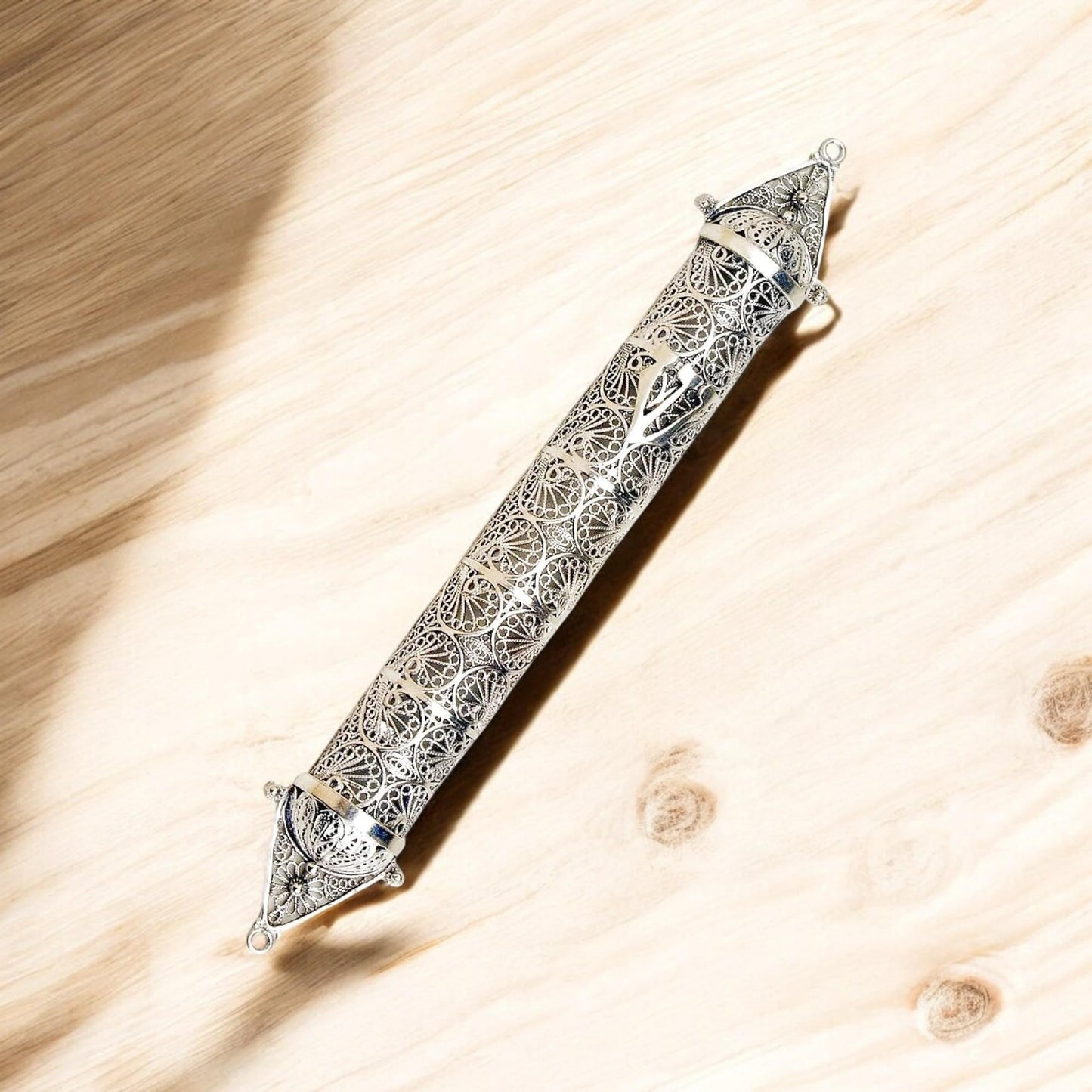Sterling Silver Mezuzah Case Yemenite Filigree Judaica Gift, Handmade Jewish Wedding Gift