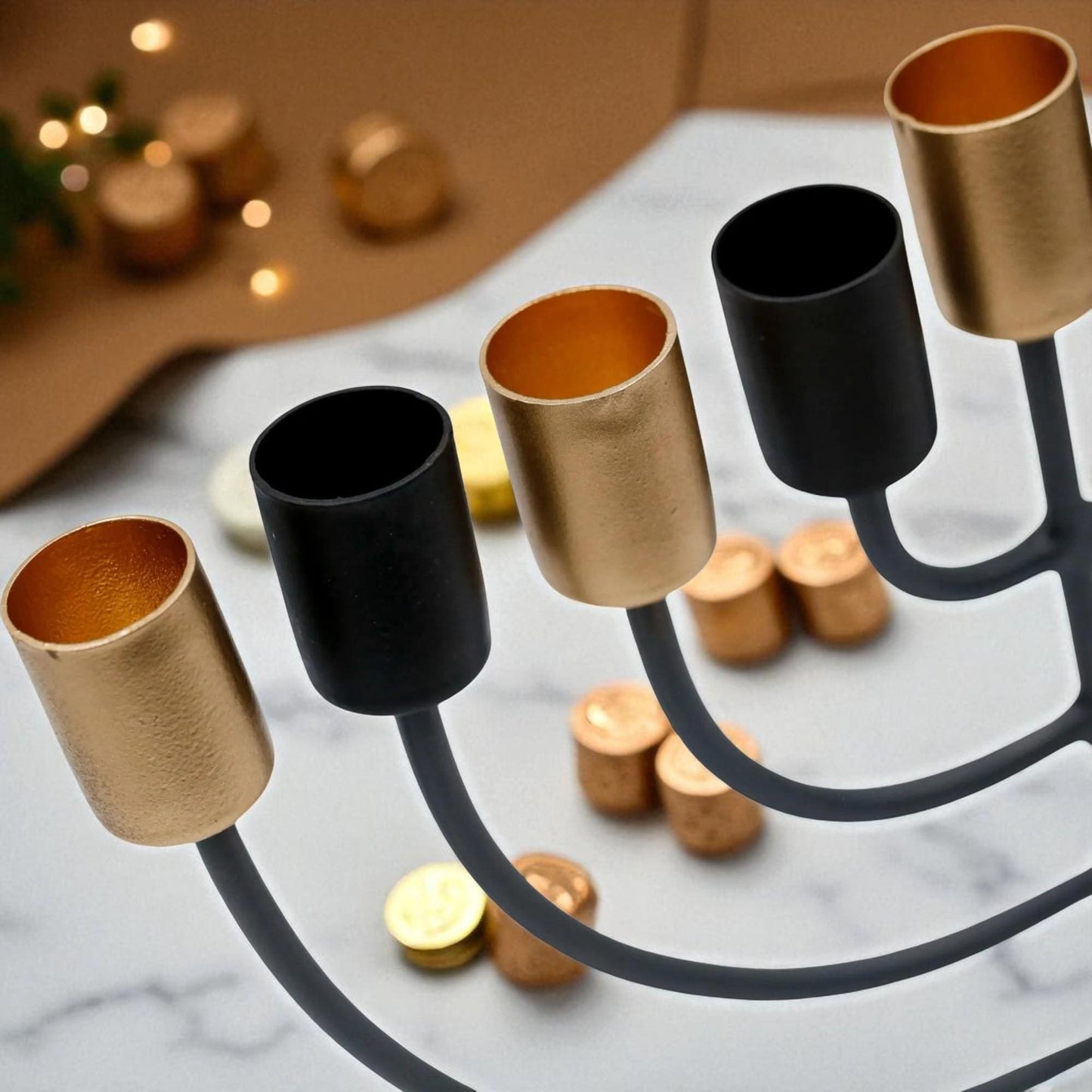 White Marble Menorah with Black & Gold Accents