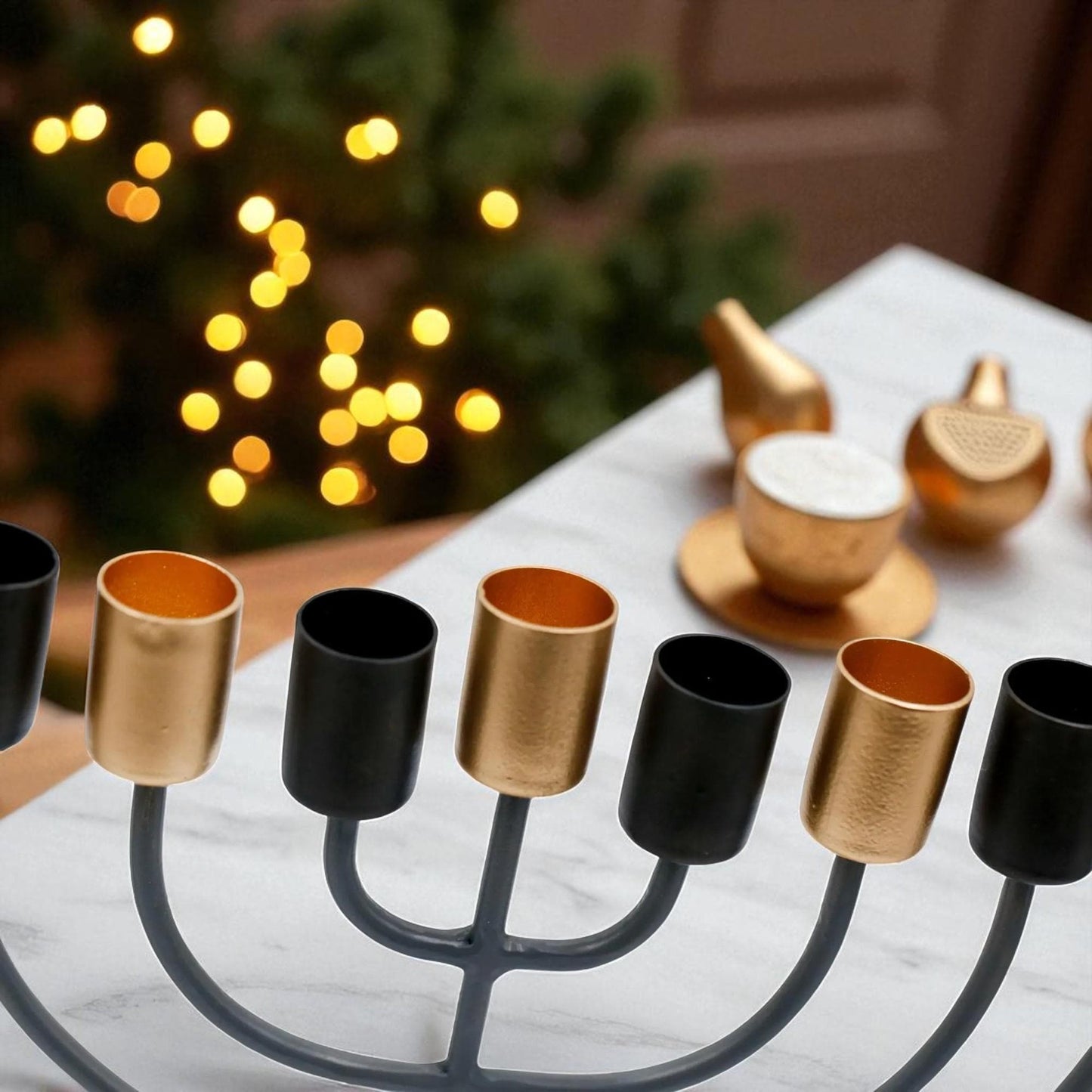 White Marble Menorah with Black & Gold Accents