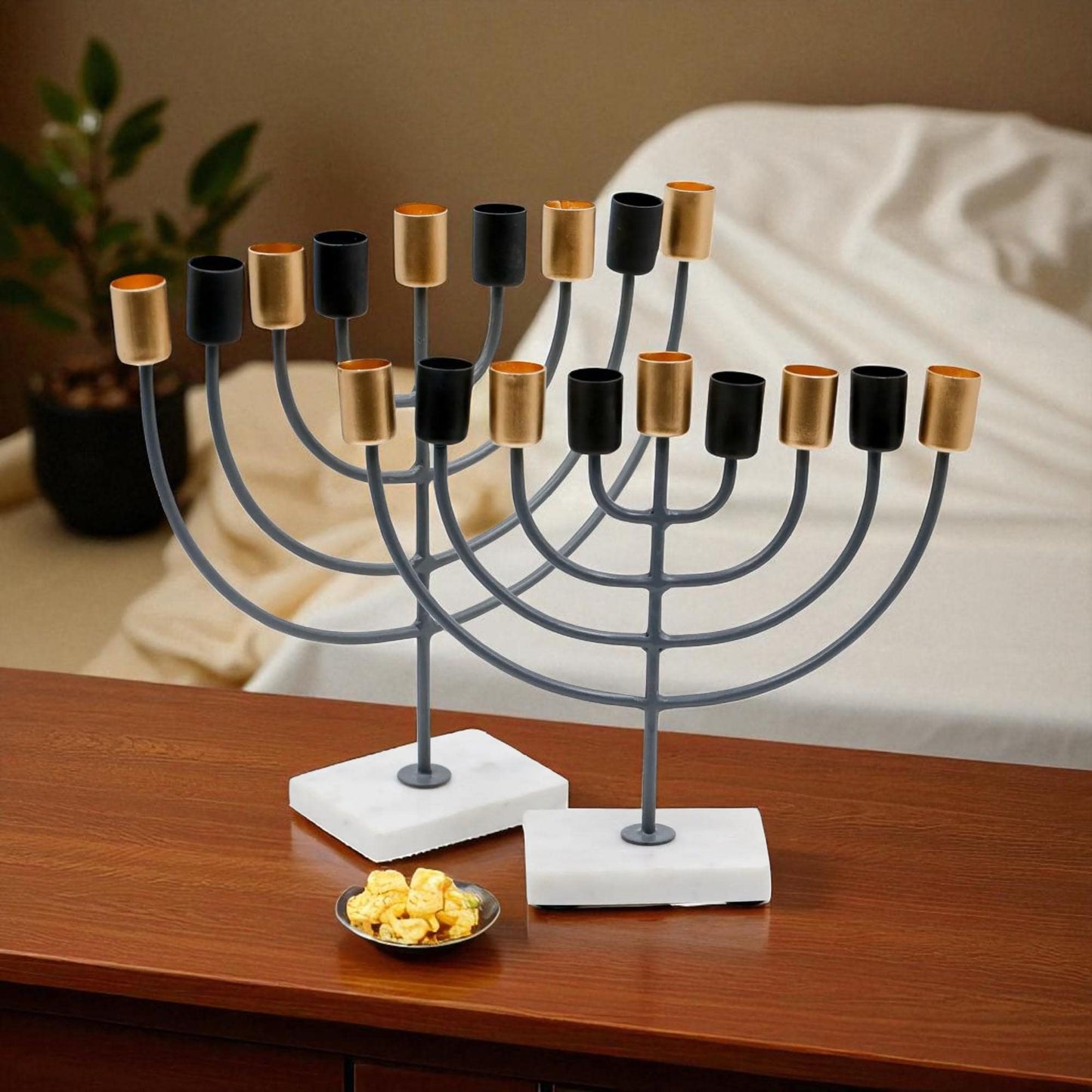White Marble Menorah with Black & Gold Accents