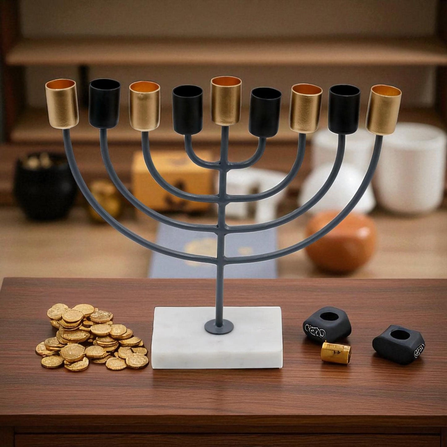 White Marble Menorah with Black & Gold Accents