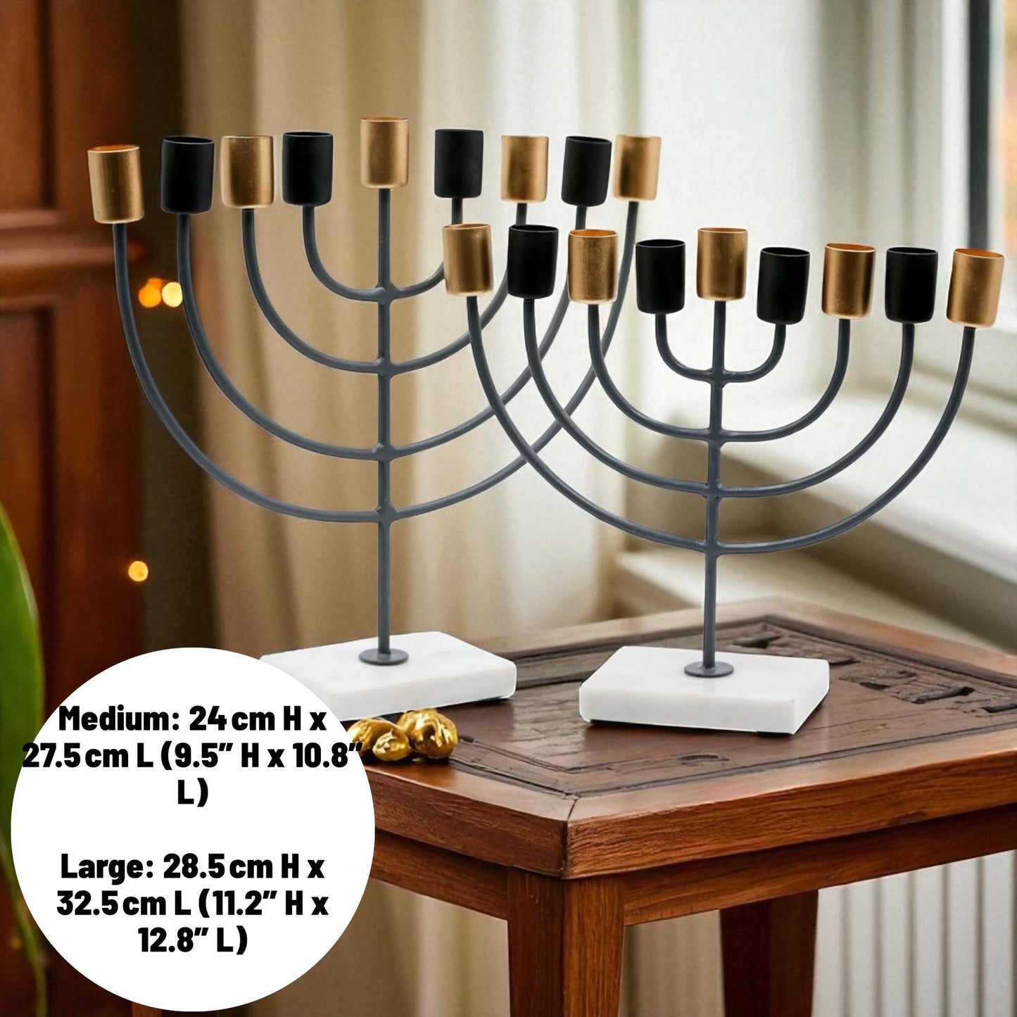 White Marble Menorah with Black & Gold Accents