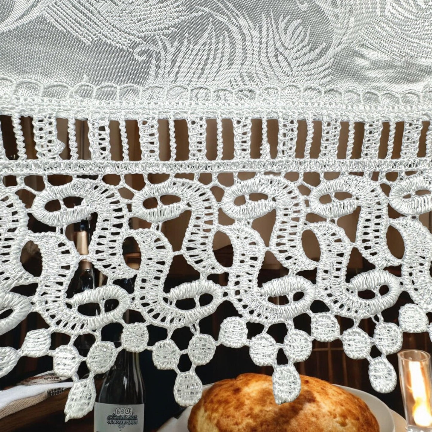 White Linen Challah Cover Lace with Hebrew Blessing