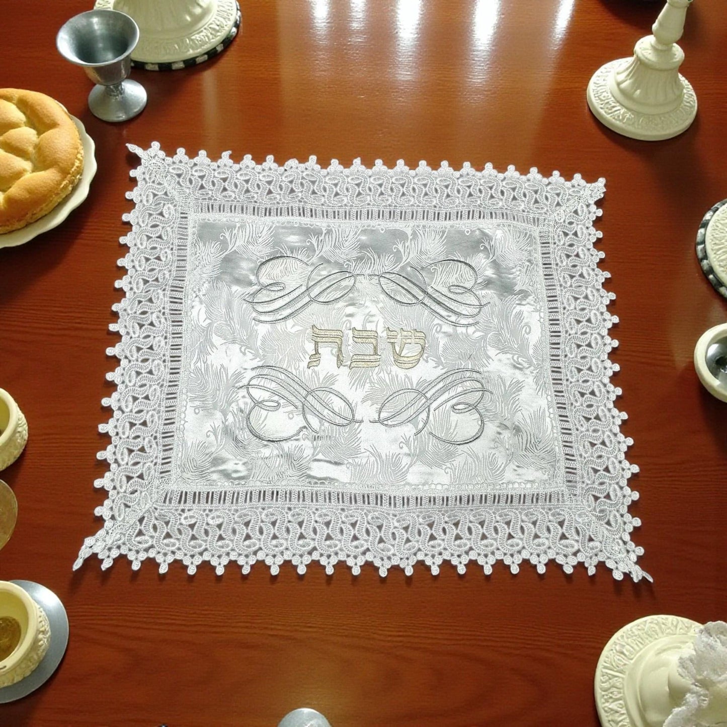 Embroidered White Linen Challah Cover with Hebrew