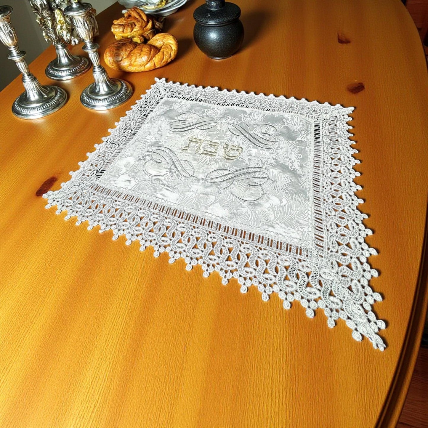 Embroidered White Linen Challah Cover with Hebrew