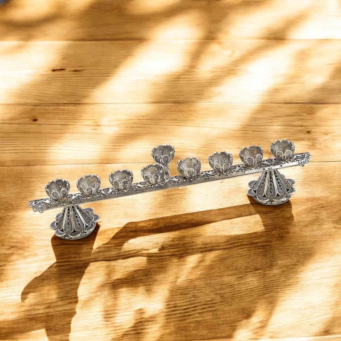 Mini Yemenite Filigree Menorah & Shabbat Candlesticks 2-in-1 | Handcrafted Silver Judaica Gift