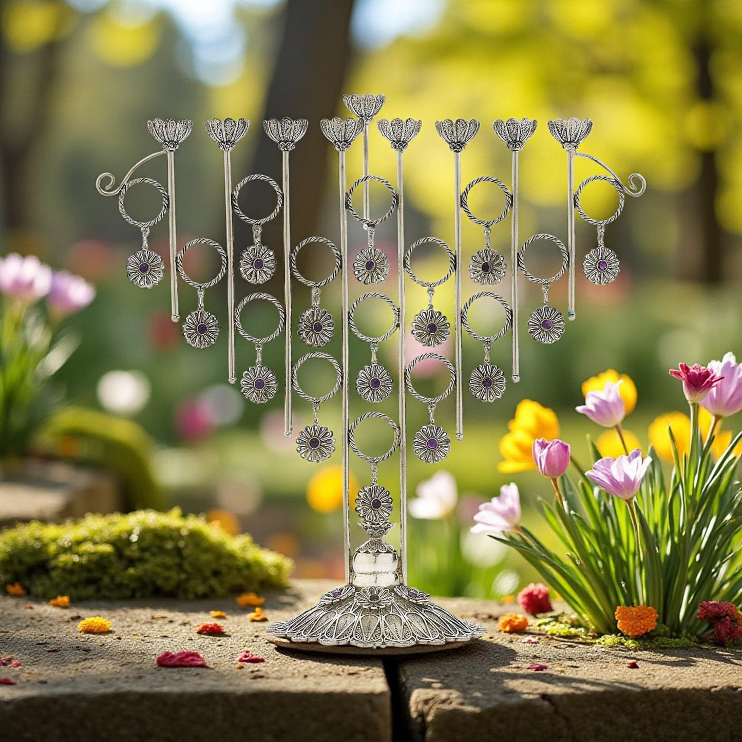 Big Yemenite Filigree Menorah with Crystals