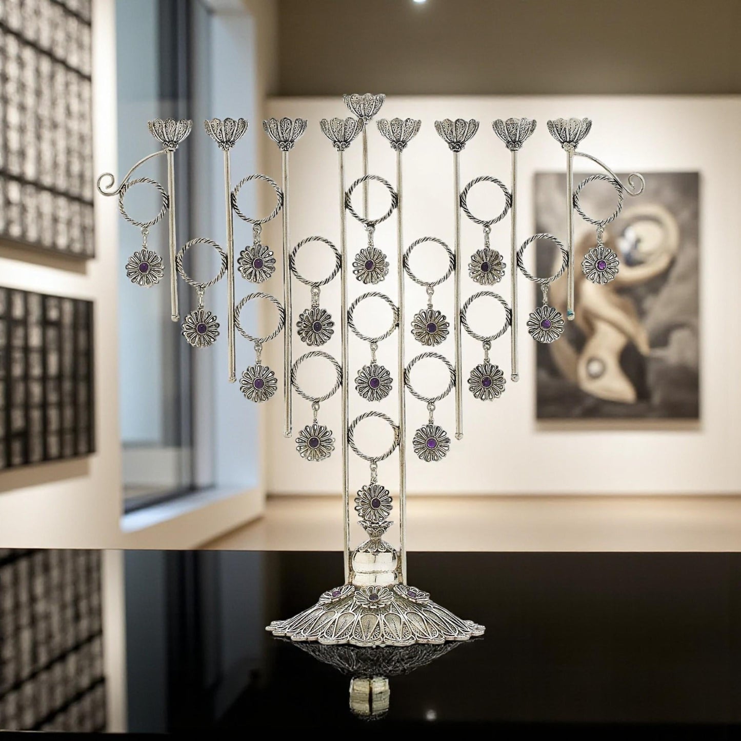 Big Yemenite Filigree Menorah with Crystals