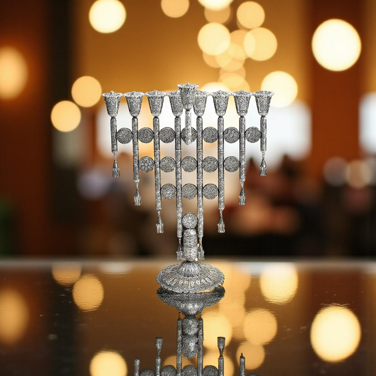 Grande ménorah de Hanouka yéménite en filigrane | Hanoukkia juive faite à la main | Élégant cadeau de Judaica