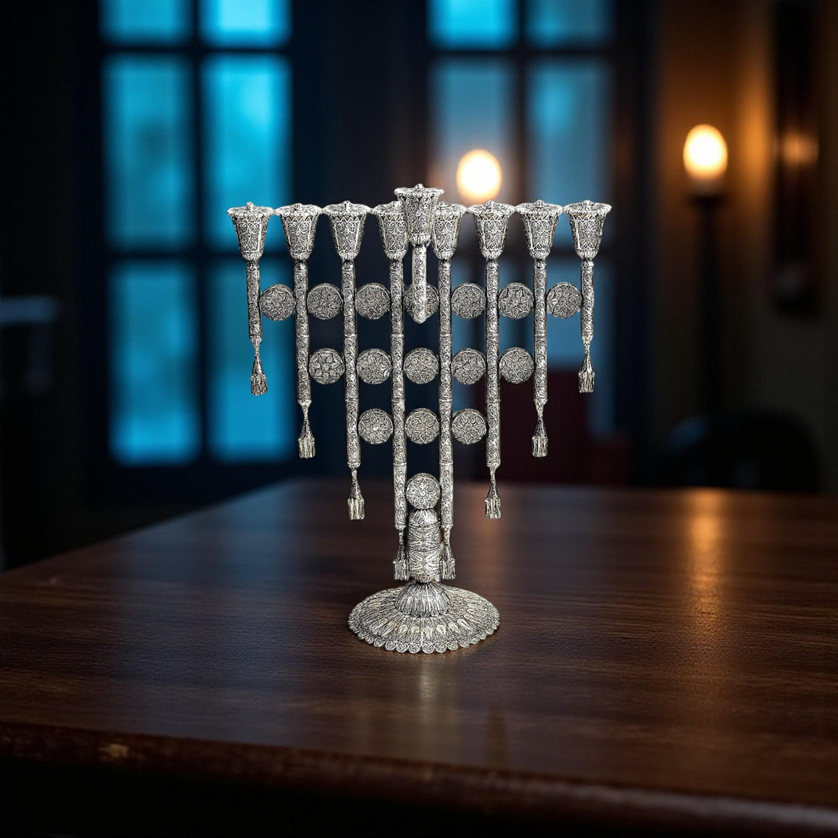 Grande ménorah de Hanouka yéménite en filigrane | Hanoukkia juive faite à la main | Élégant cadeau de Judaica