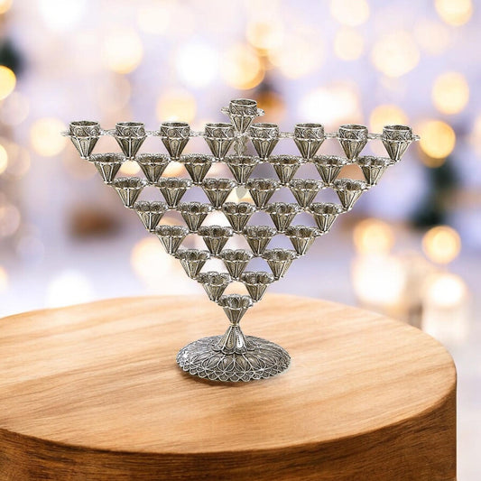 Elegant Sterling Silver Yemenite Filigree Hanukkah Menorah