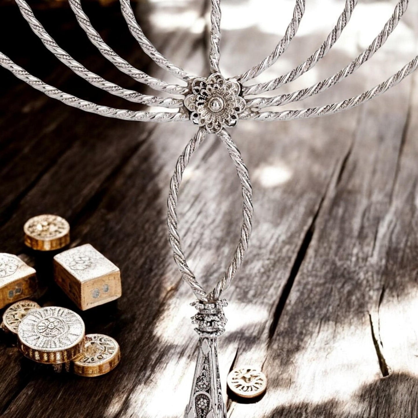 Sterling Silver Hanukkah Menorah with Quartz: Yemenite Filigree Judaica