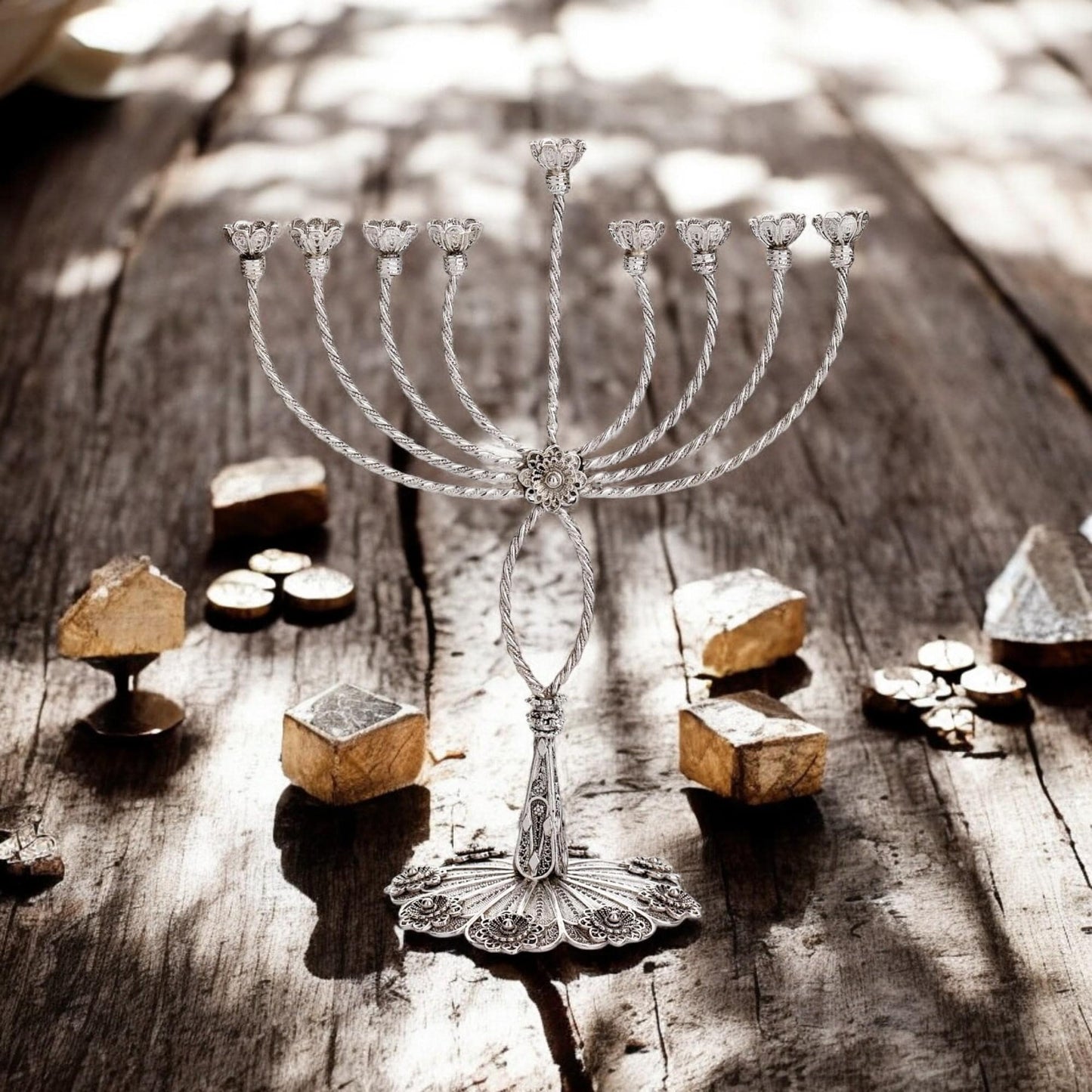 Sterling Silver Hanukkah Menorah with Quartz: Yemenite Filigree Judaica