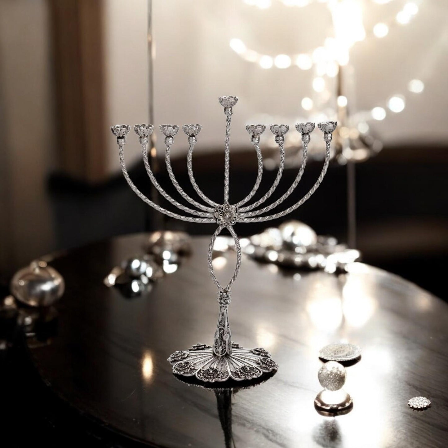 Sterling Silver Hanukkah Menorah with Quartz: Yemenite Filigree Judaica