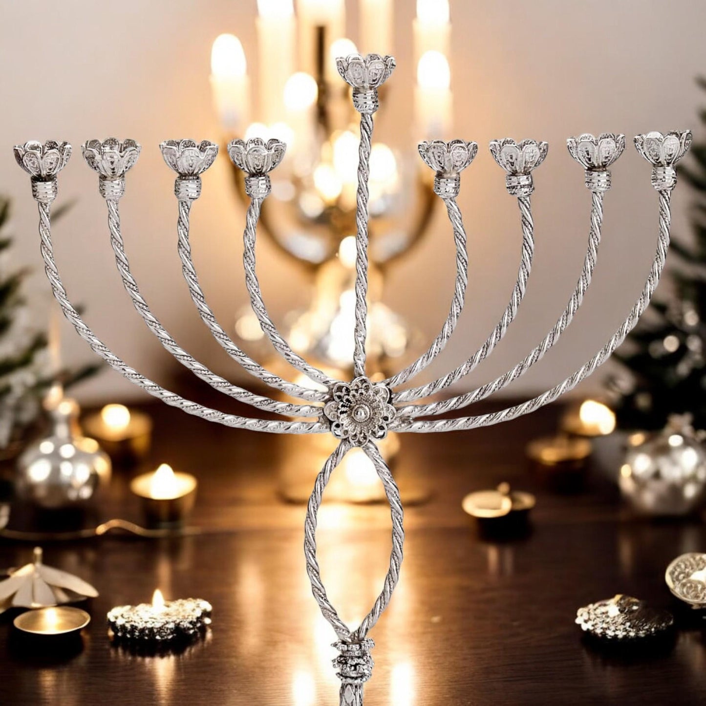Sterling Silver Hanukkah Menorah with Quartz: Yemenite Filigree Judaica