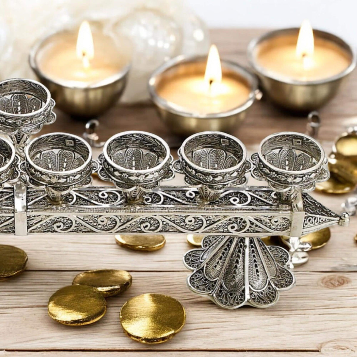 Menorah de Hanoucca et bougeoirs de Shabbat 2-en-1 en filigrane yéménite