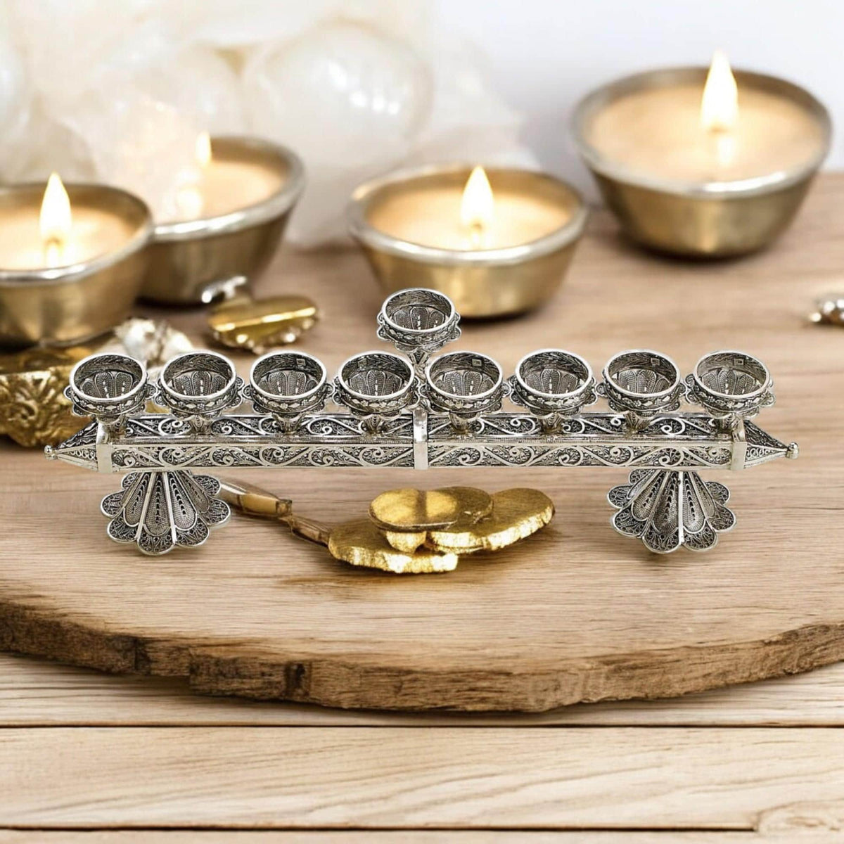 Menorah de Hanoucca et bougeoirs de Shabbat 2-en-1 en filigrane yéménite