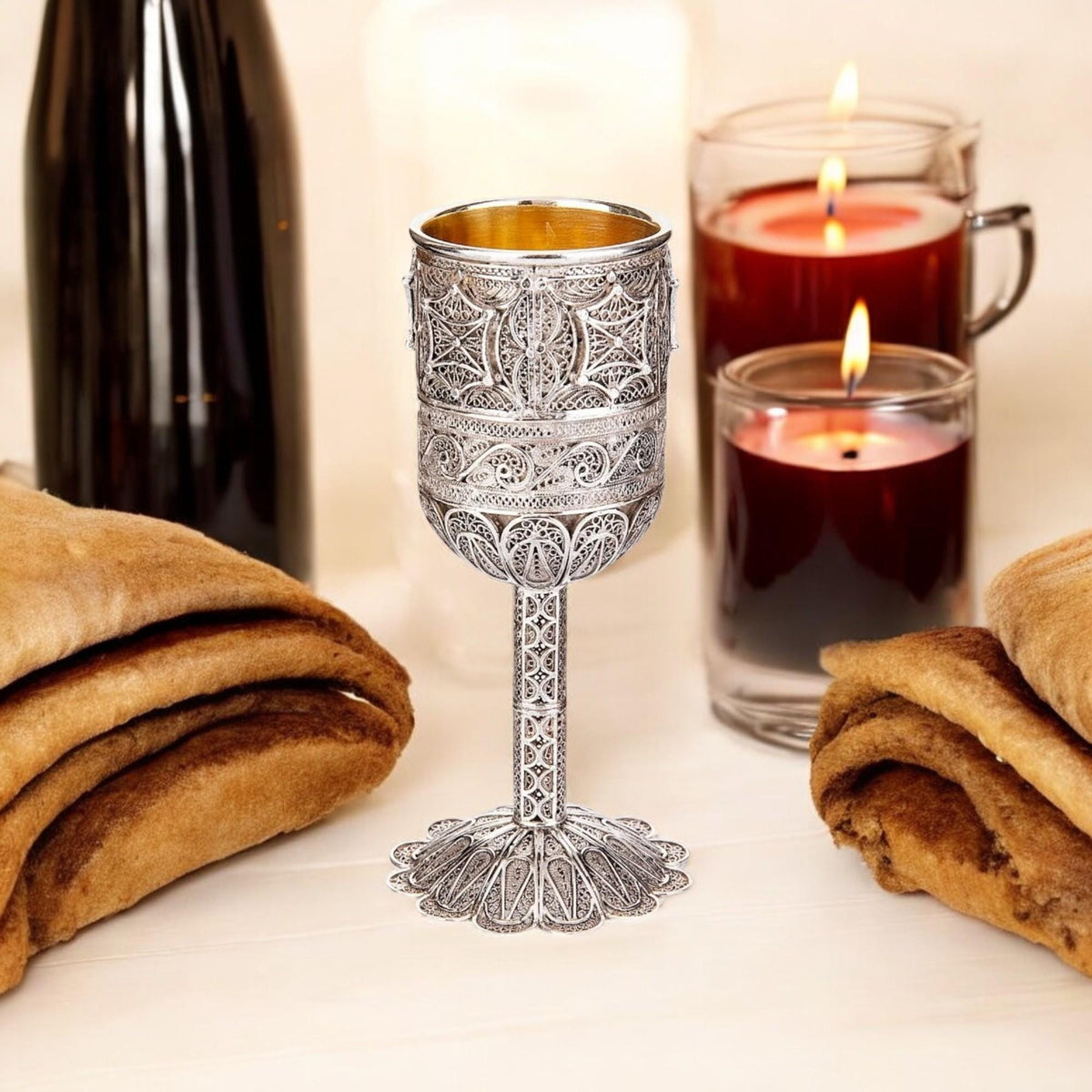 Coupe de Kiddouch à pied en filigrane yéménite en argent sterling | Intérieur plaqué or 24 carats
