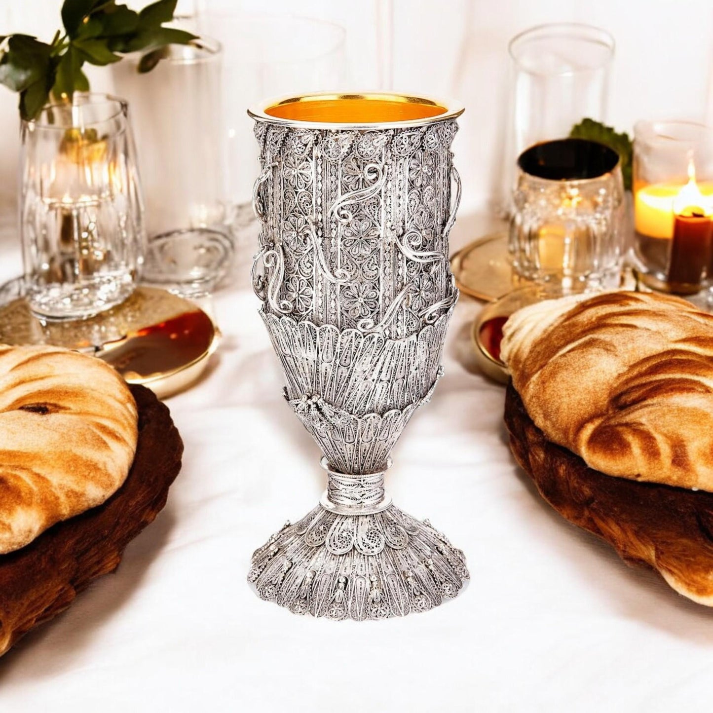 Big Eliyahu Kiddush Cup | Sterling Silver Yemenite Filigree | 24K Gold Interior