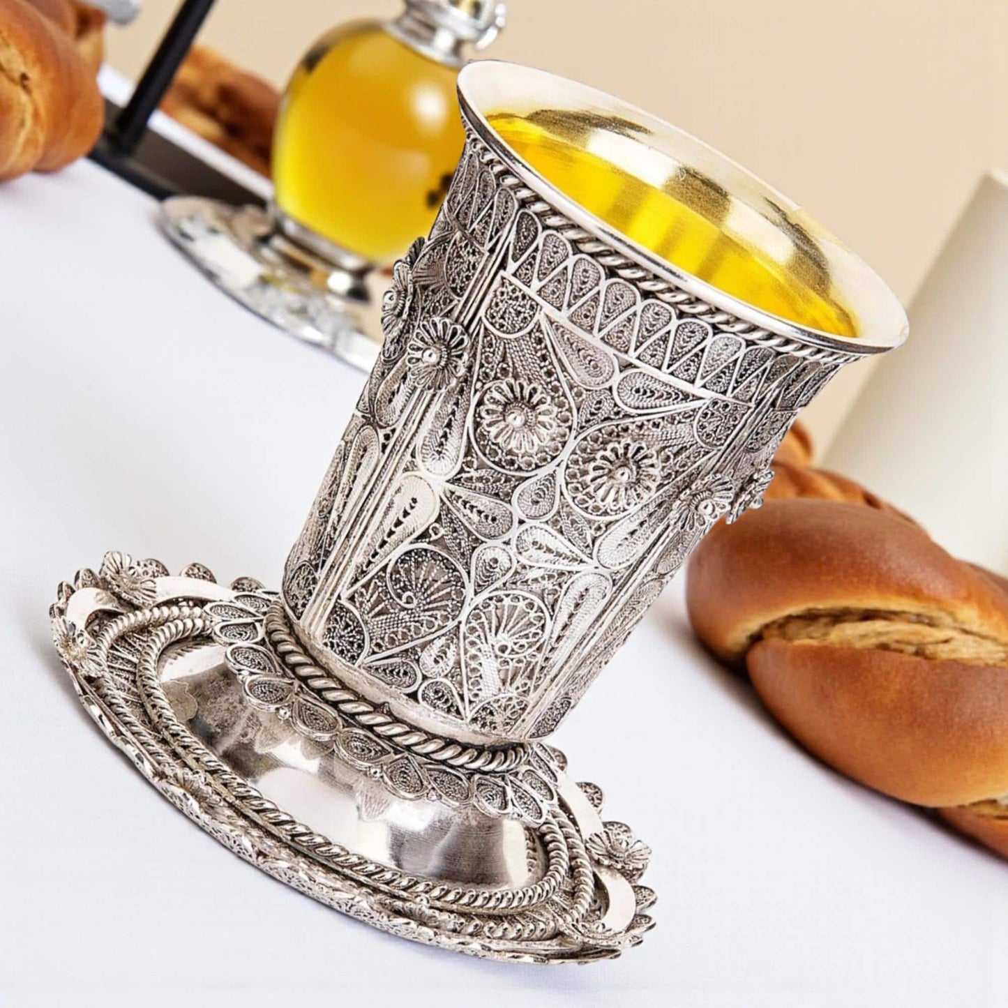 Flower Kiddush Cup with Coaster | Sterling Silver Yemenite Filigree | 24K Gold Interior