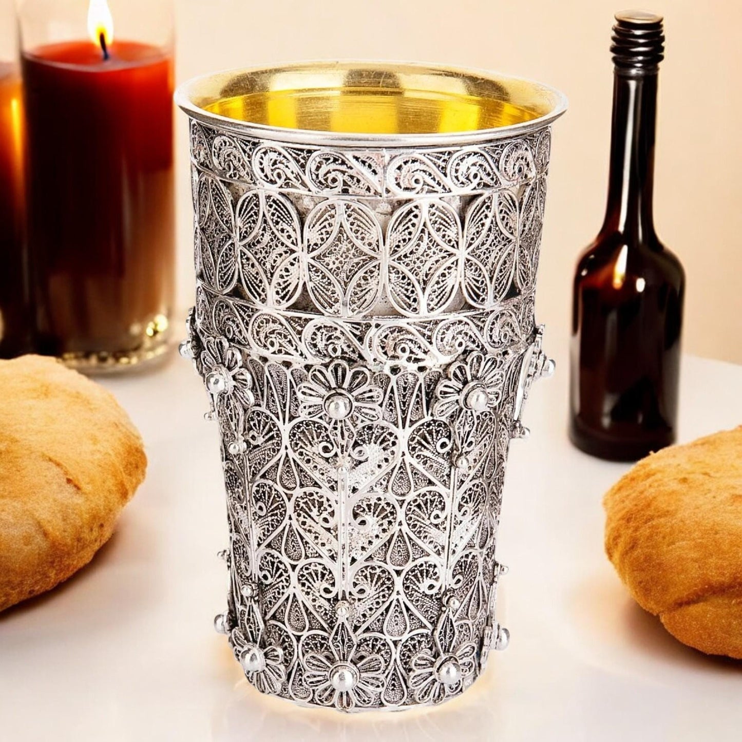 Sterling Silver Yemenite Filigree Flowers Kiddush Cup | 24K Gold Inside | Shabbat Judaica