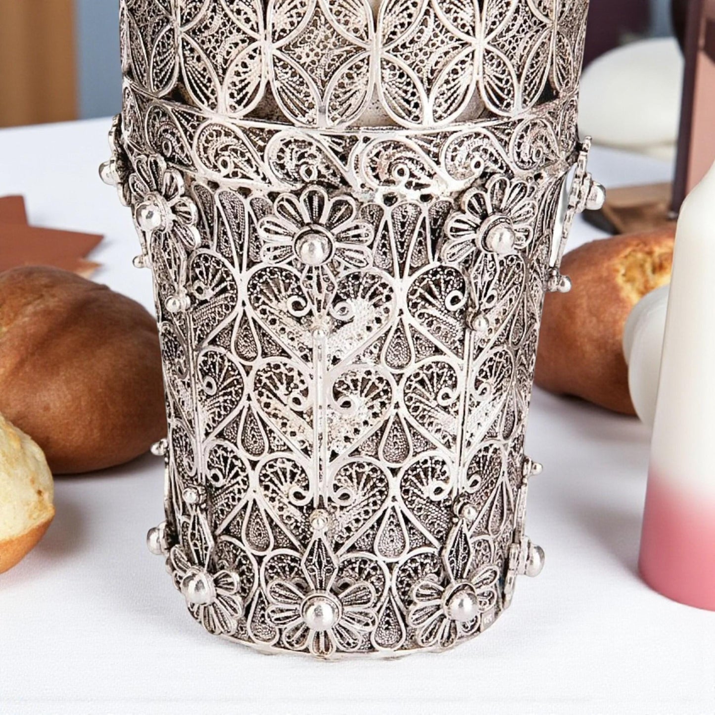 Sterling Silver Yemenite Filigree Flowers Kiddush Cup | 24K Gold Inside | Shabbat Judaica