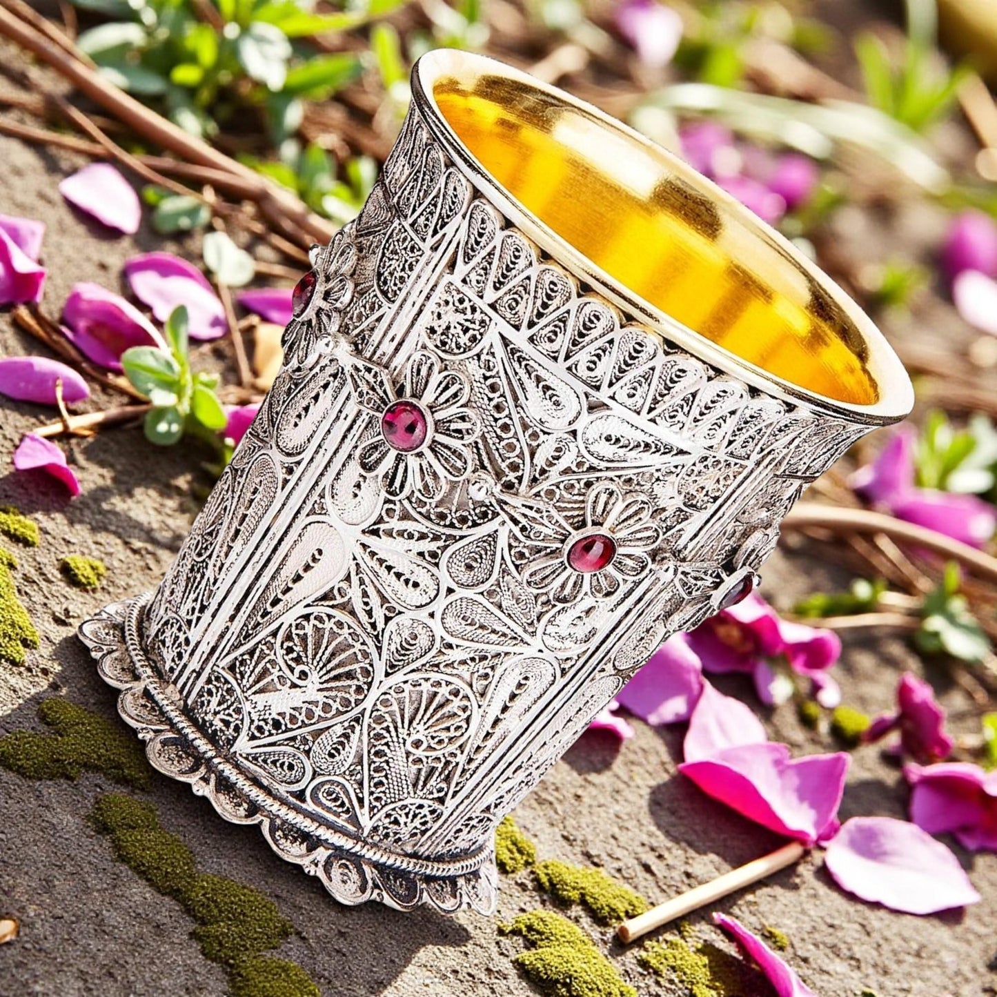 Sterling Silver Yemenite Filigree Kiddush Cup | Garnet Gems | 24K Gold Interior