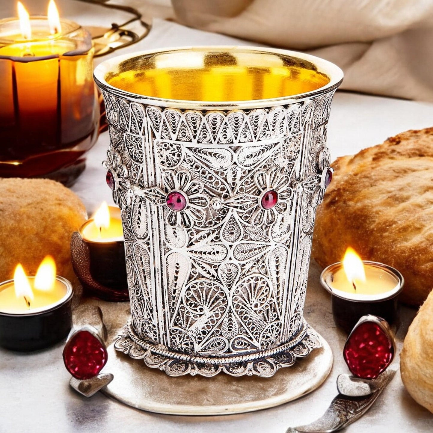 Sterling Silver Yemenite Filigree Kiddush Cup | Garnet Gems | 24K Gold Interior