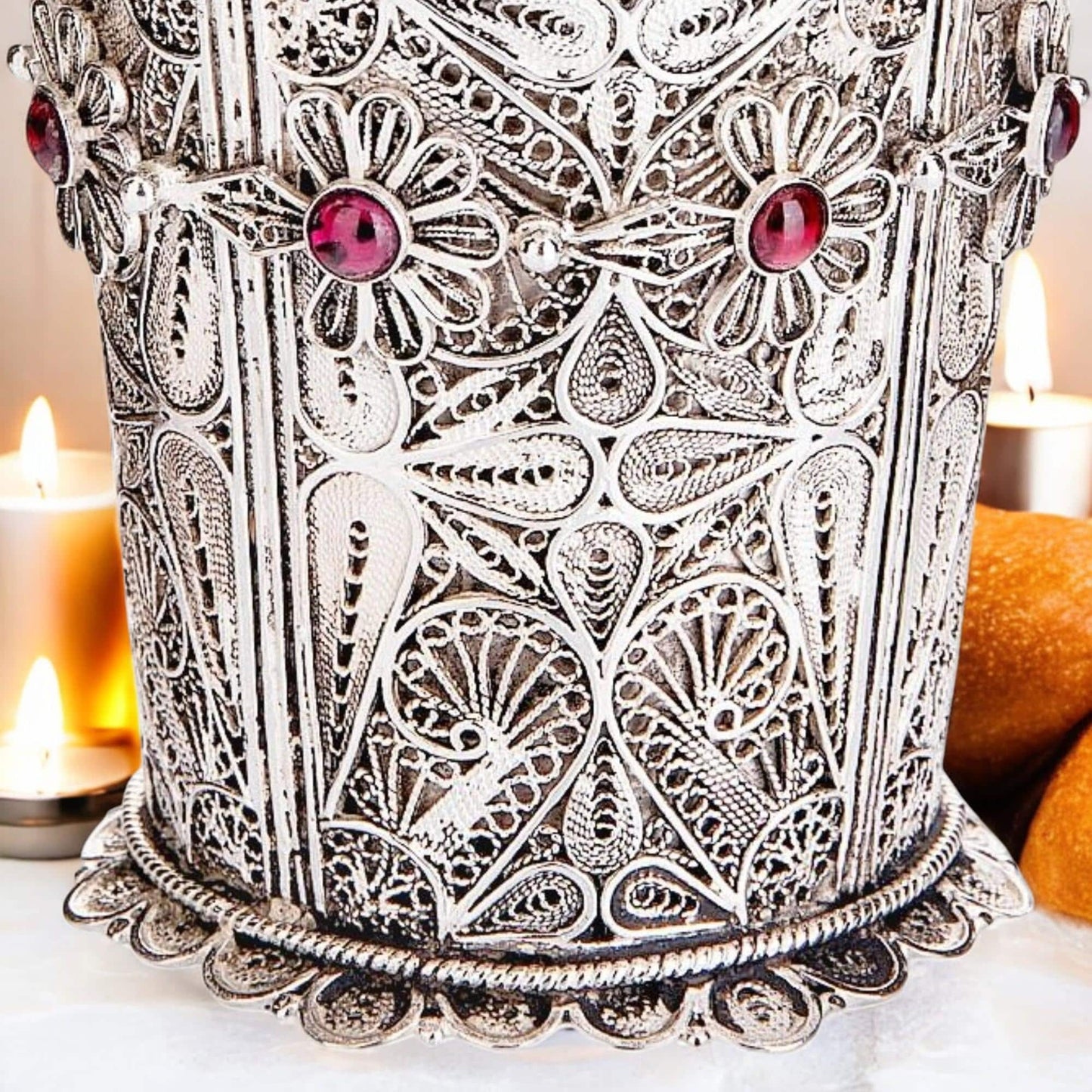 Sterling Silver Yemenite Filigree Kiddush Cup | Garnet Gems | 24K Gold Interior
