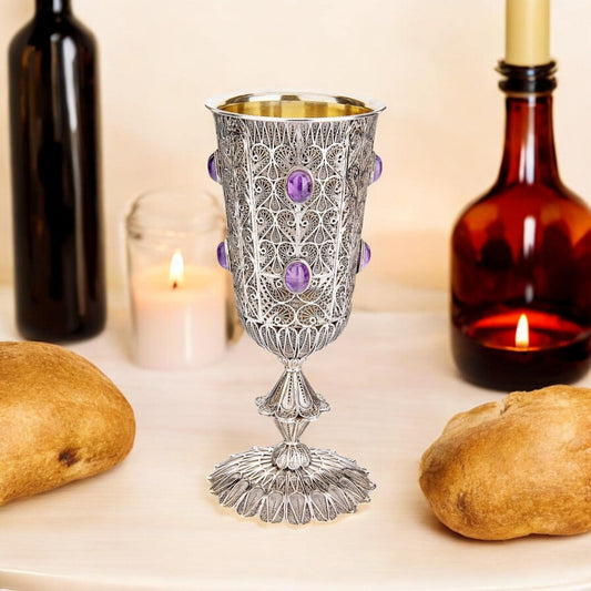 Sterling Silver Yemenite Filigree Kiddush Cup | Amethyst Gems | 24K Gold Interior