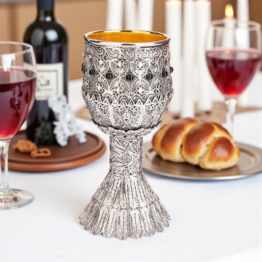 Sterling Silver Yemenite Filigree Kiddush Cup | Onyx Gems | 24K Gold Interior