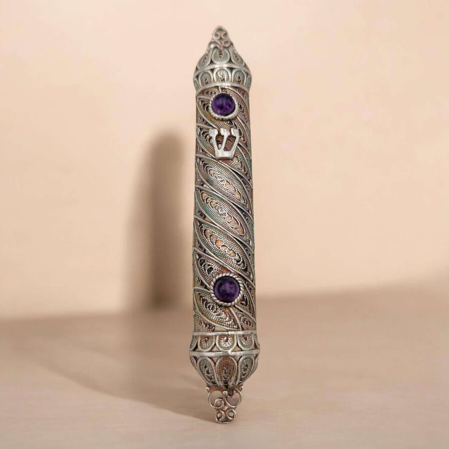 Sterling Silver Yemenite Filigree Mezuzah Case with Gemstones |Jewish Wedding Gift