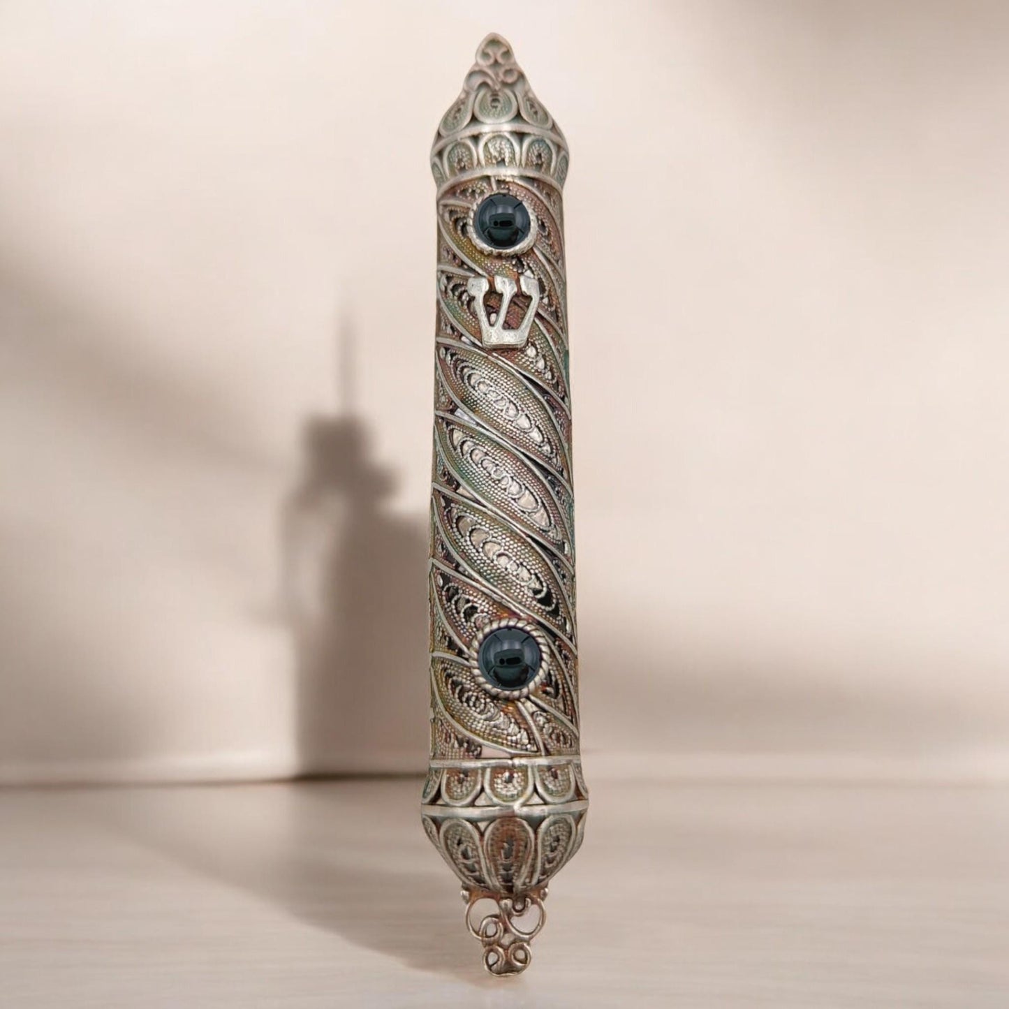 Sterling Silver Yemenite Filigree Mezuzah Case with Gemstones |Jewish Wedding Gift
