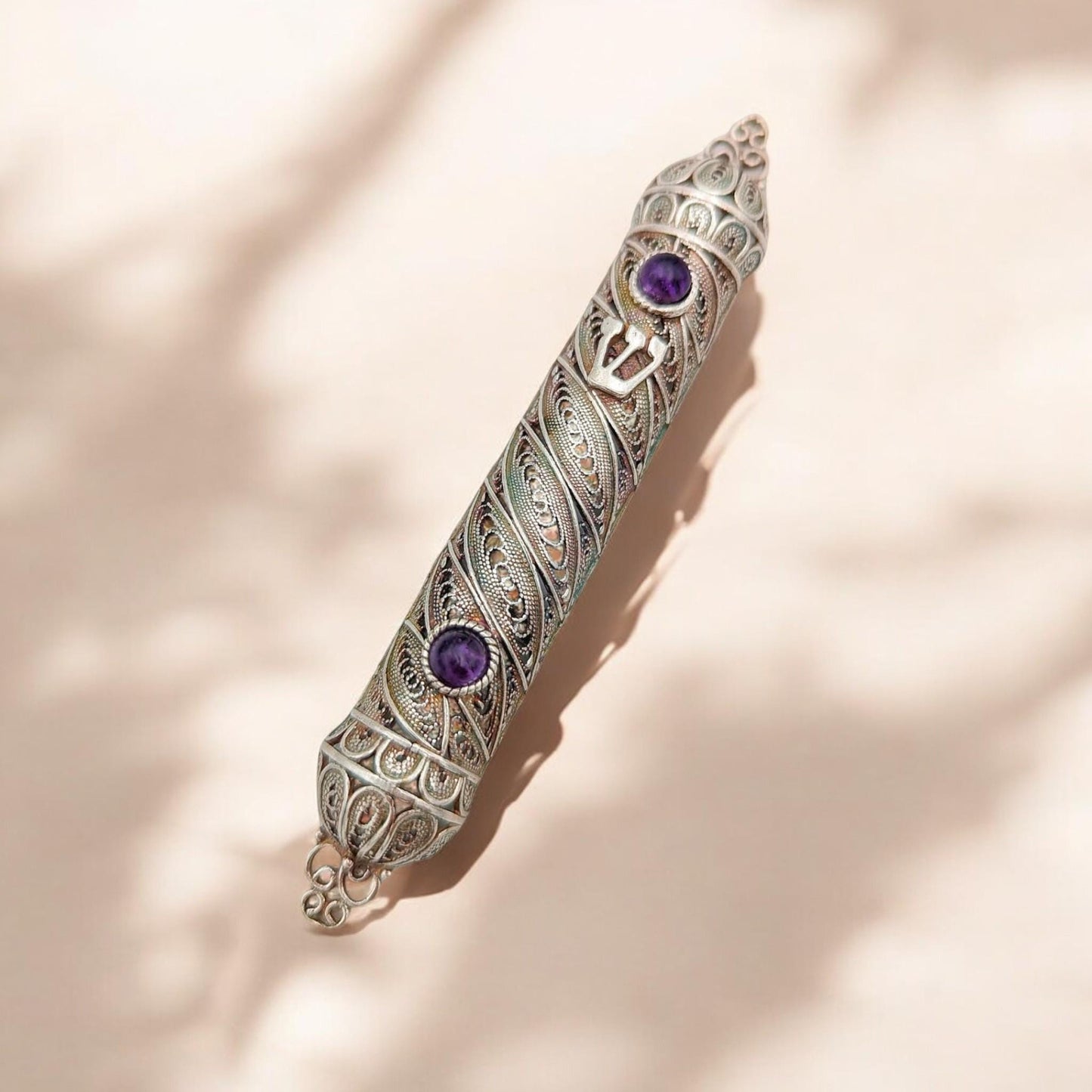 Sterling Silver Yemenite Filigree Mezuzah Case with Gemstones |Jewish Wedding Gift