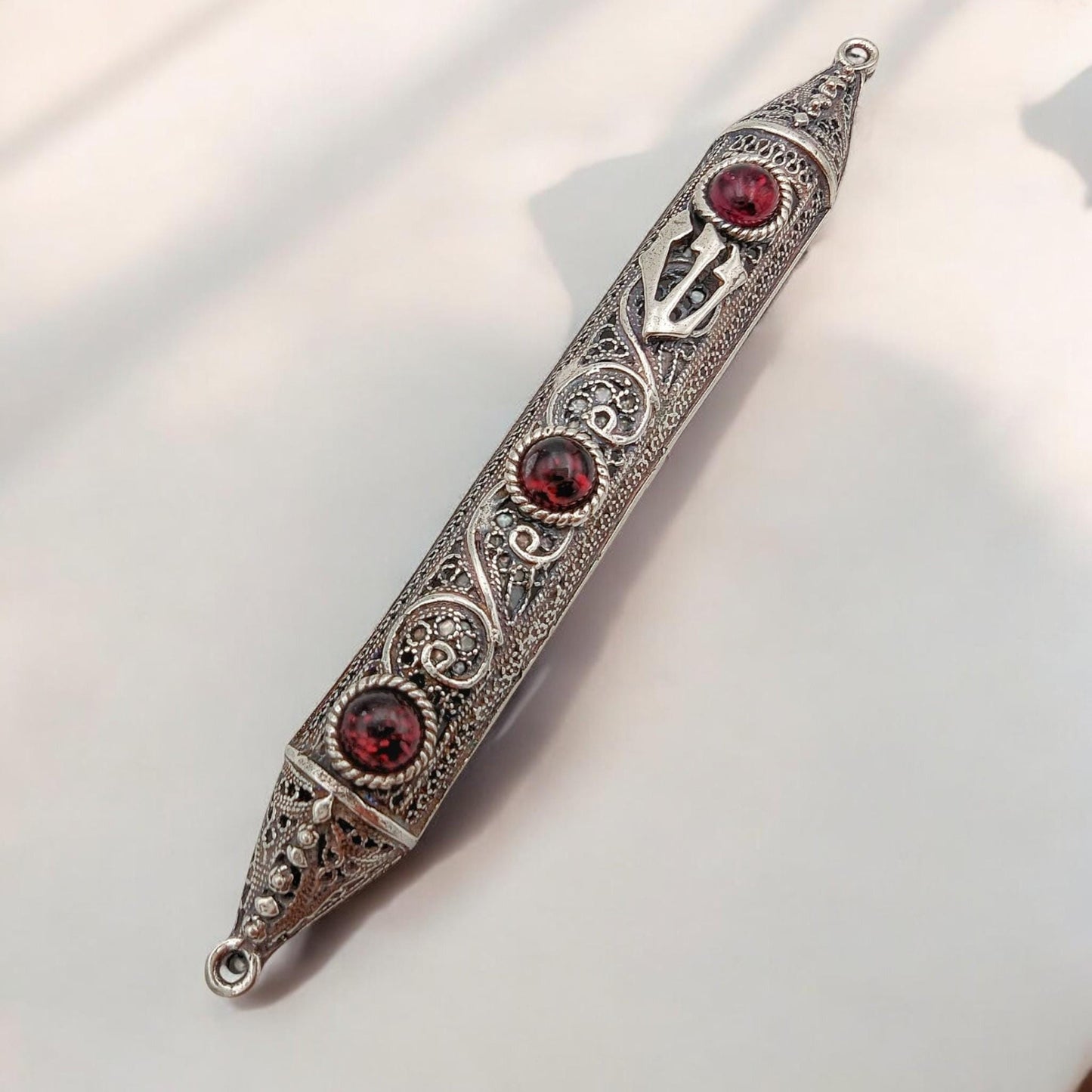 Sterling Silver Yemenite Filigree Mezuzah Case with Gemstones