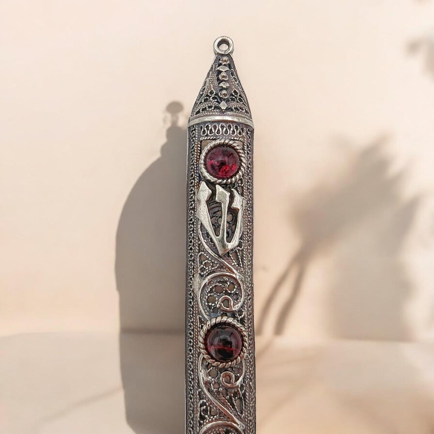Sterling Silver Yemenite Filigree Mezuzah Case with Gemstones