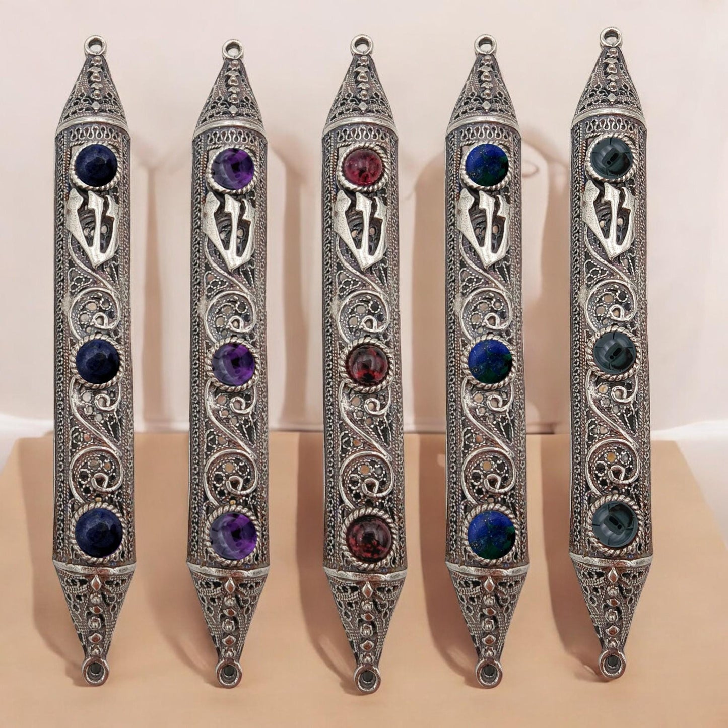 Sterling Silver Yemenite Filigree Mezuzah Case with Gemstones