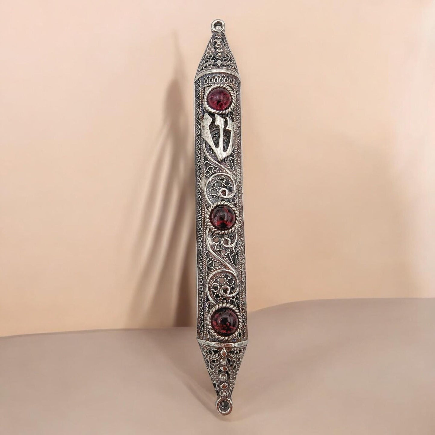 Sterling Silver Yemenite Filigree Mezuzah Case with Gemstones
