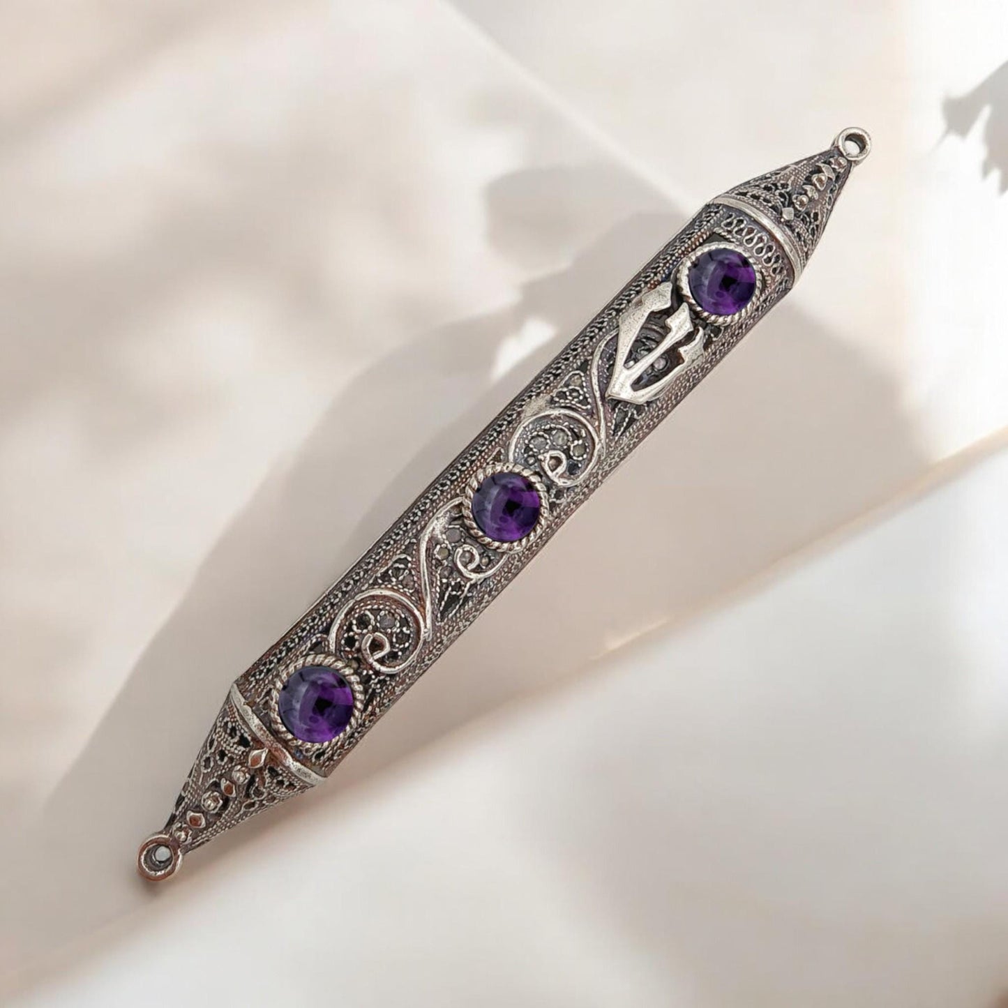 Sterling Silver Yemenite Filigree Mezuzah Case with Gemstones