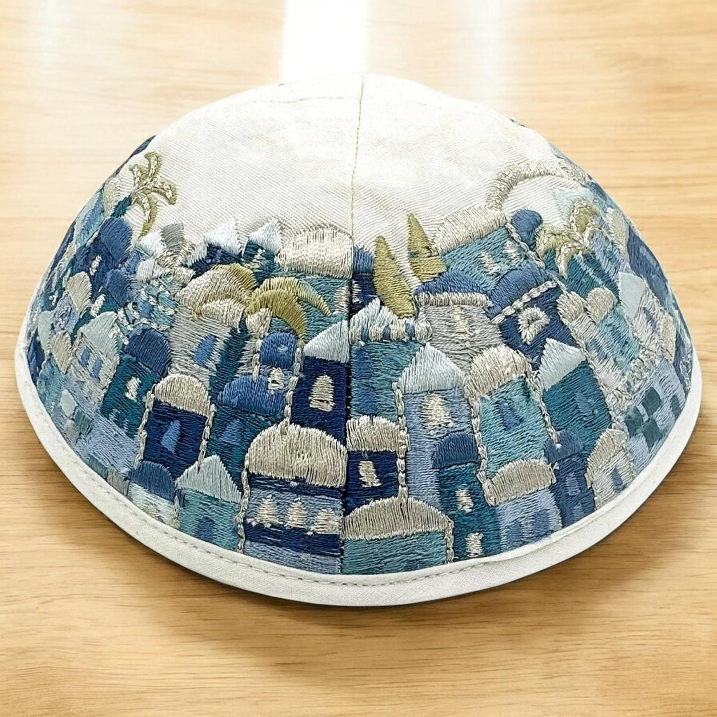 Blue 17cm Jerusalem Embroidered Cotton Kippah