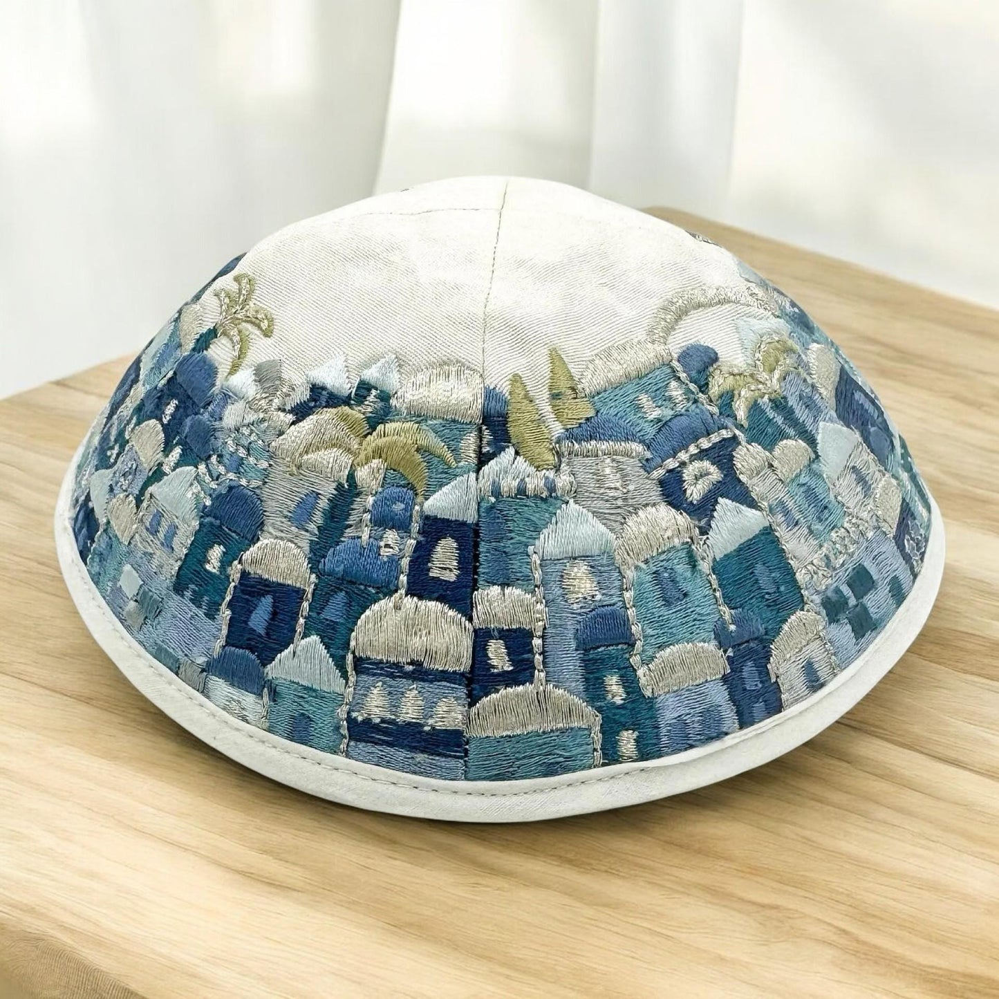 Blue 17cm Jerusalem Embroidered Cotton Kippah