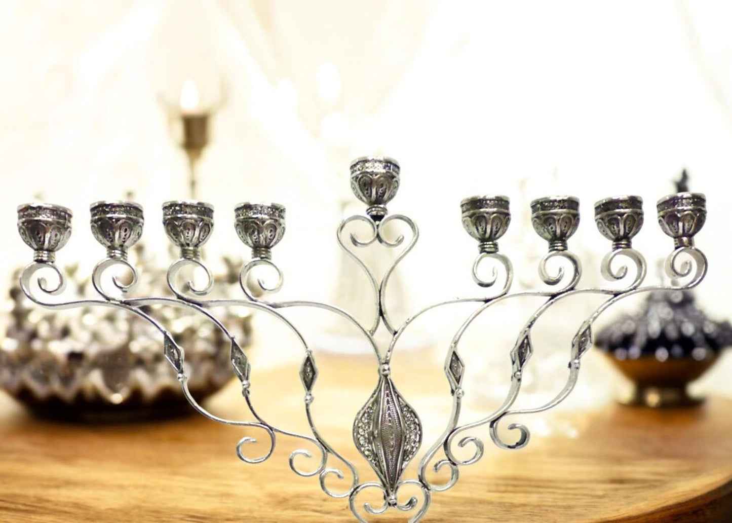 Sterling Silver Hanukkah Menorah Yemenite Filigree Art, Jewish Wedding Gift