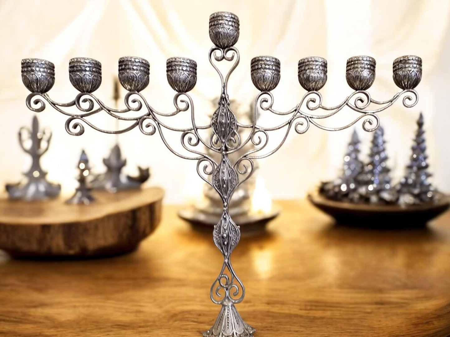 Sterling Silver Hanukkah Menorah Yemenite Filigree Art, Jewish Wedding Gift