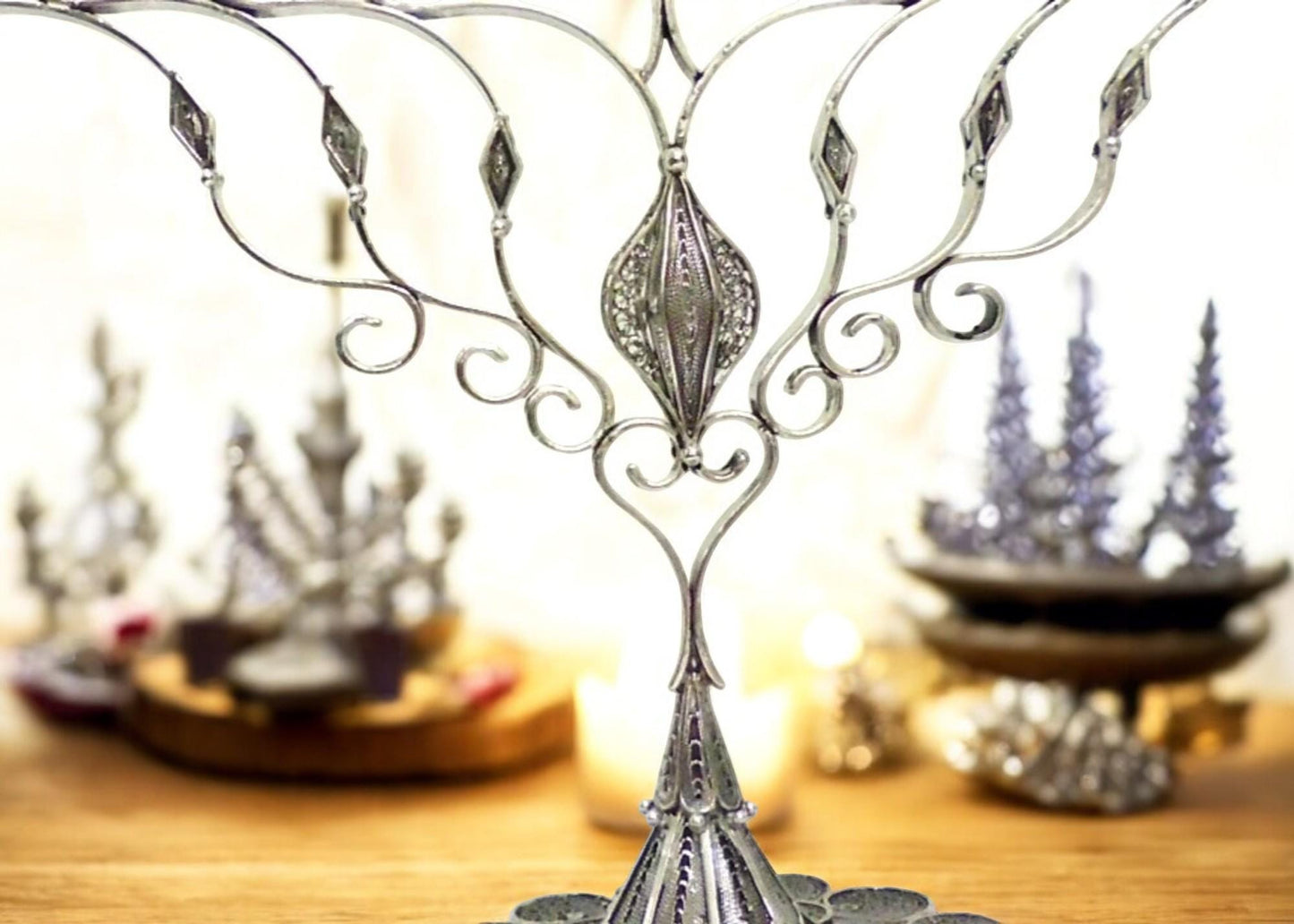 Sterling Silver Hanukkah Menorah Yemenite Filigree Art, Jewish Wedding Gift