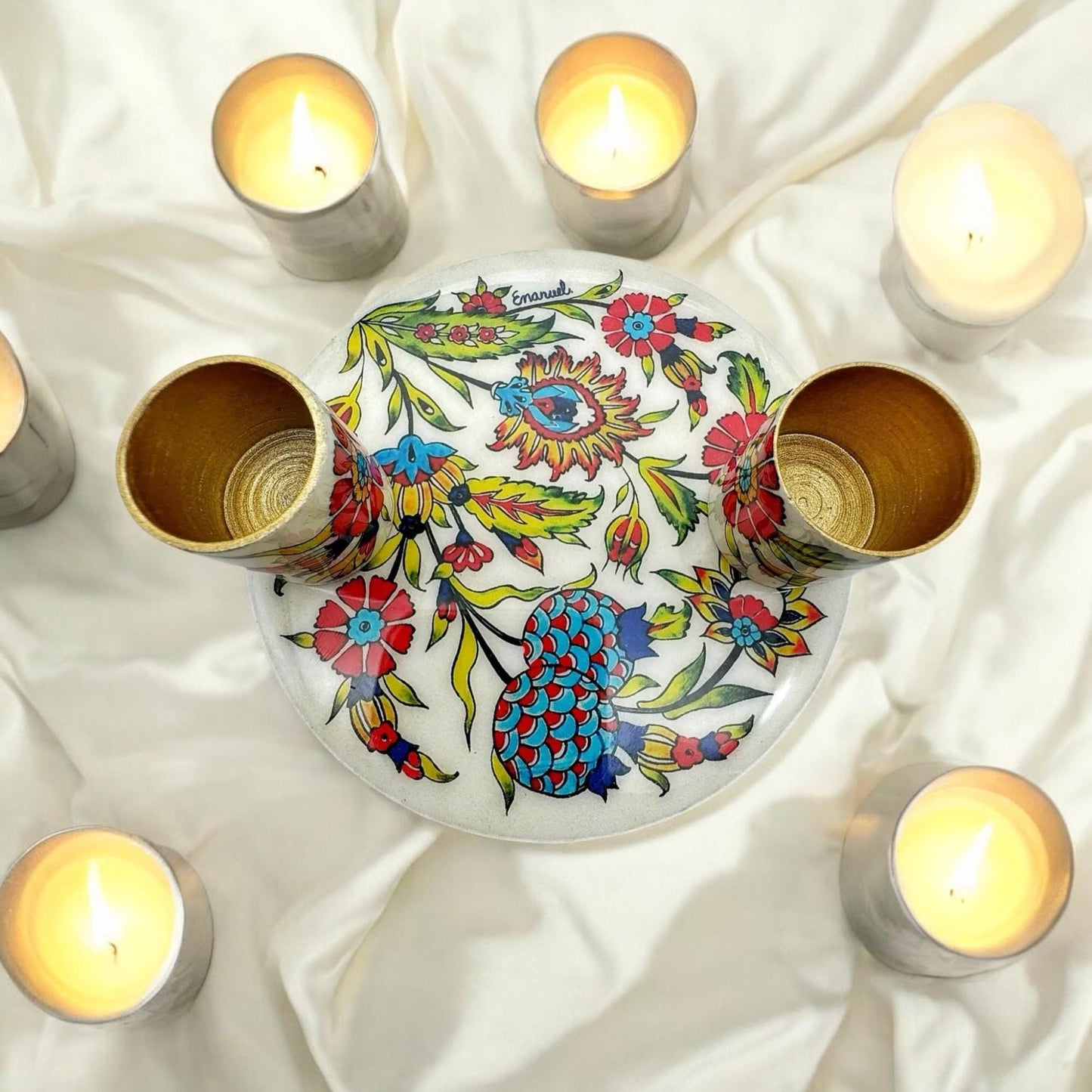 Shabbat Flowers Candle Holders with Plate