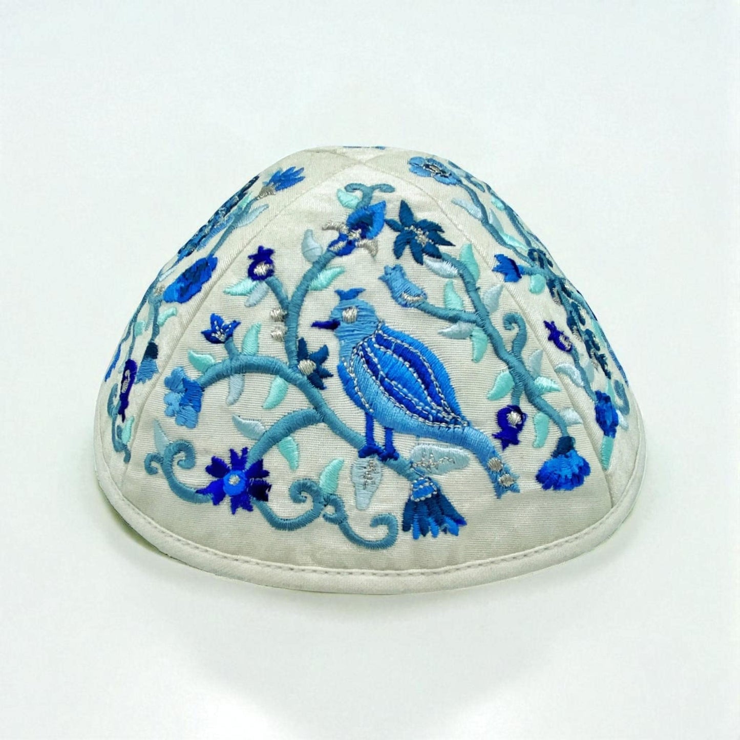 Blue & White Bird 17cm Embroidered Kippah
