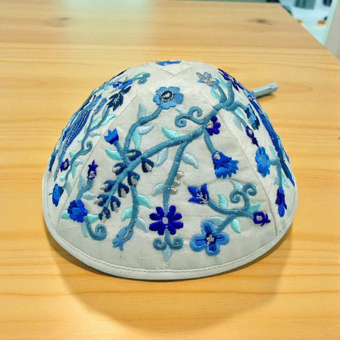 Blue & White Bird 17cm Embroidered Kippah