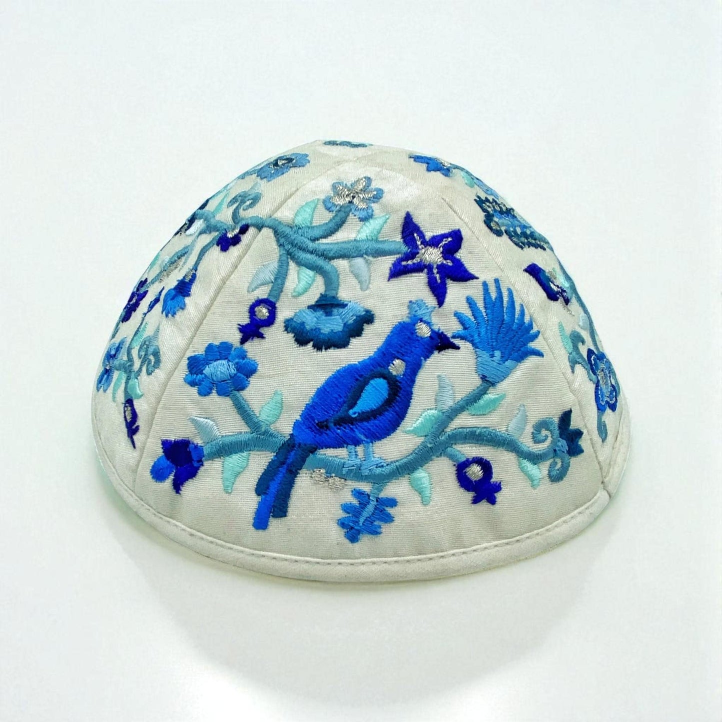 Blue & White Bird 17cm Embroidered Kippah