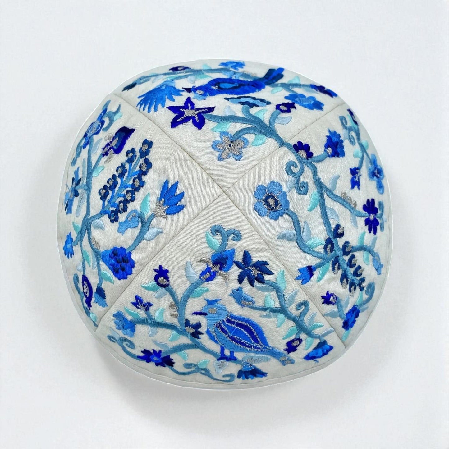 Blue & White Bird 17cm Embroidered Kippah